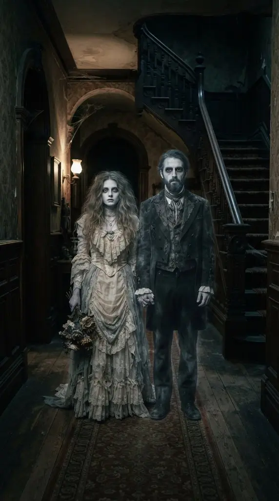 Couple in Victorian mansion hallway 202609071036