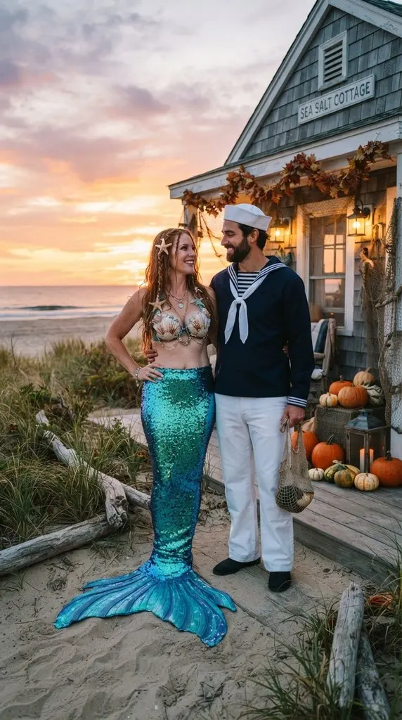 Couple in costumes beside beach 202609071036