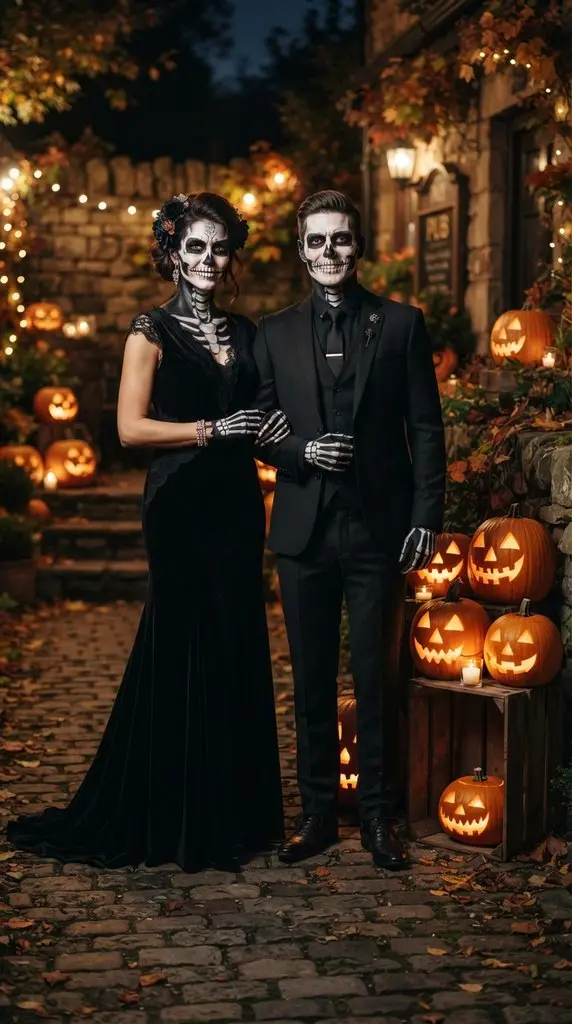Couple in skeleton makeup standing 202609071036