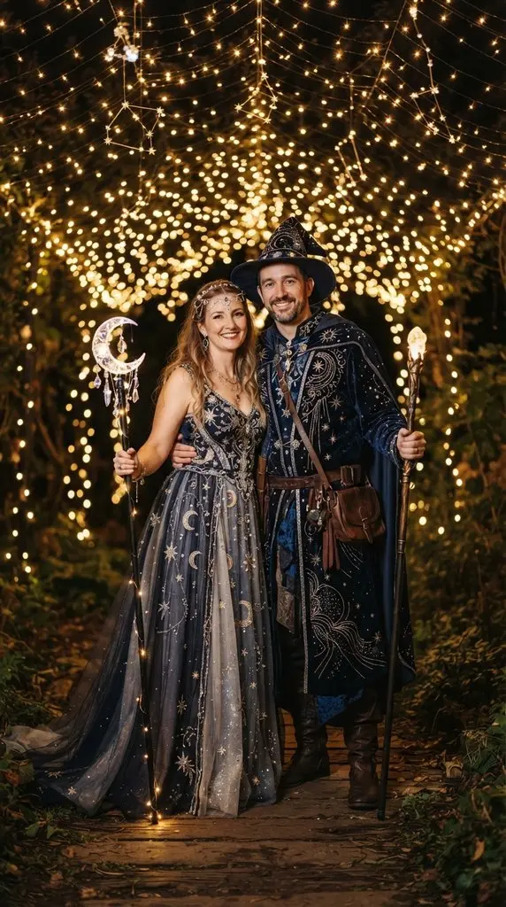 Couple posing beneath star lights 202609071035