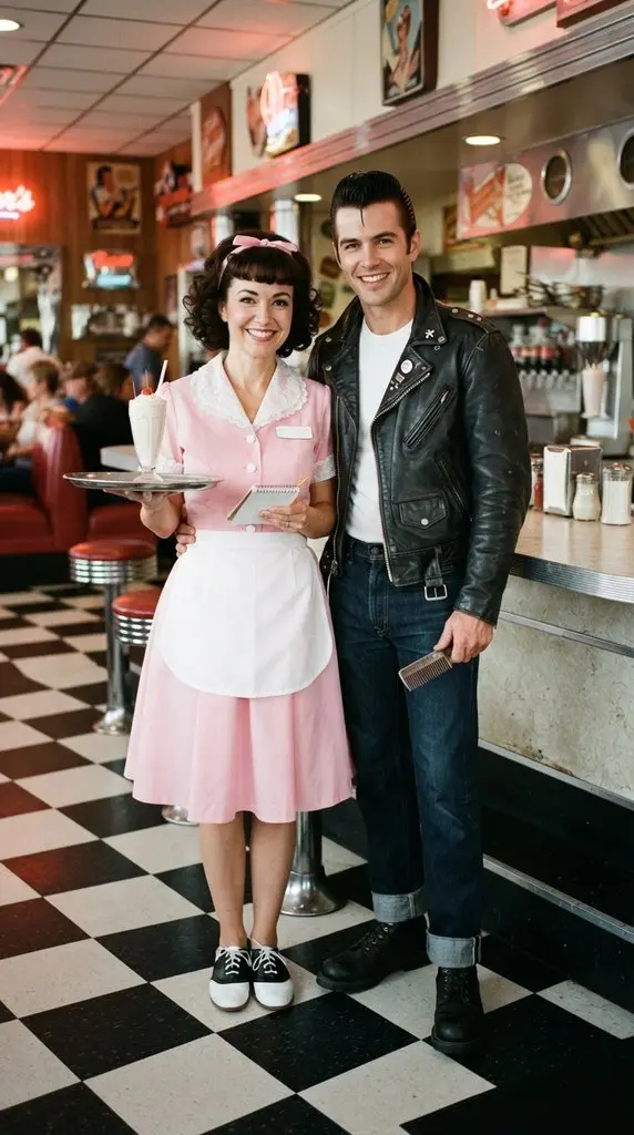 Couple posing beside diner counter 202609071036