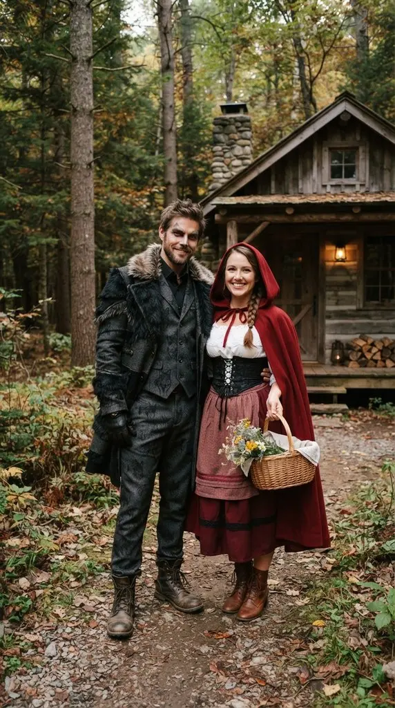 Couple posing beside forest cabin 202609071036