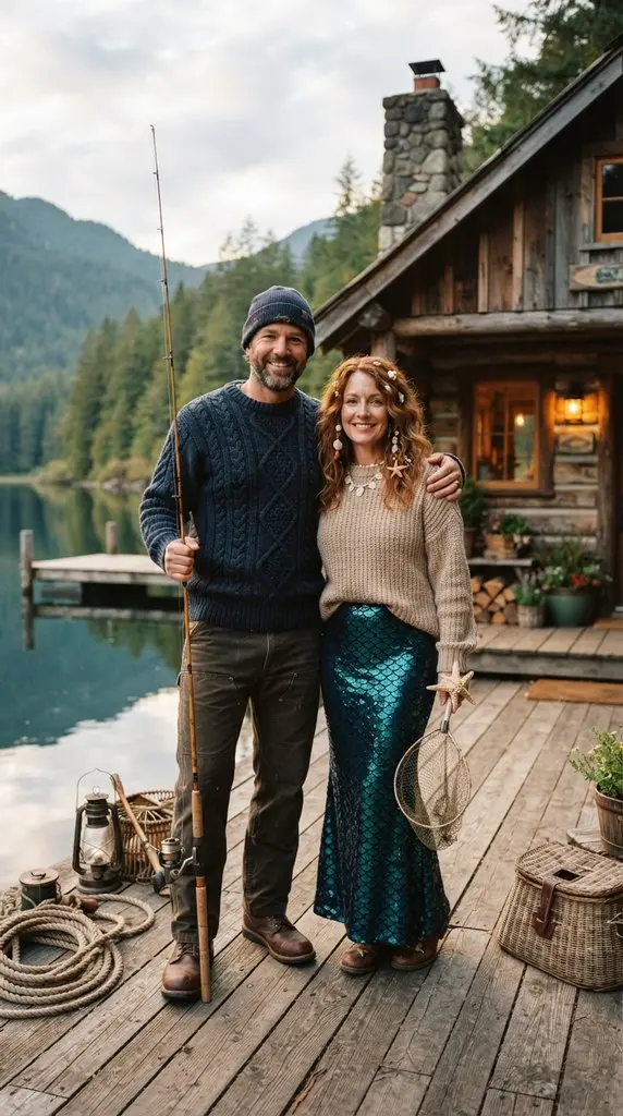 Couple posing beside lakeside cabin 202609071036