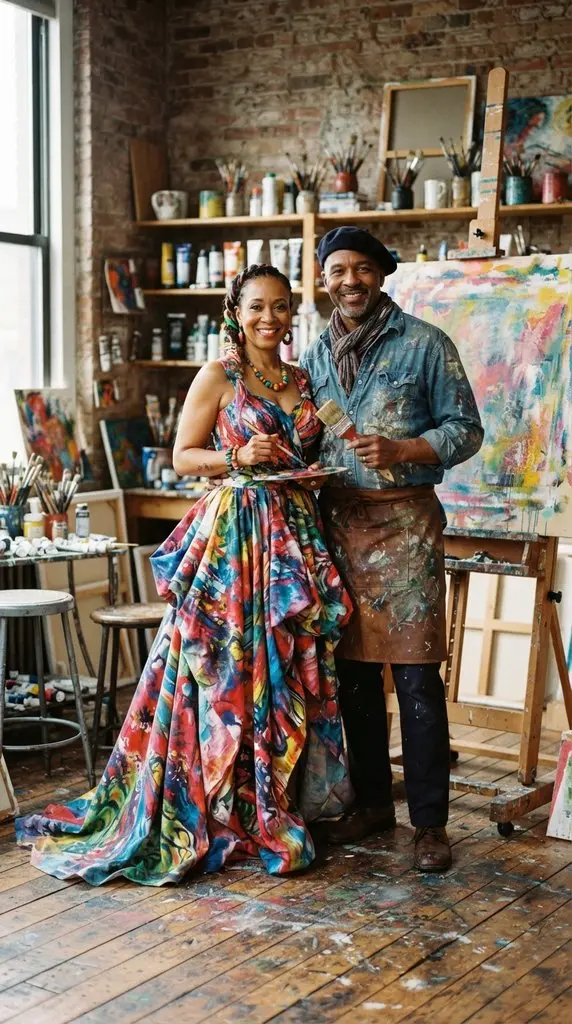 Couple posing beside large easel 202609071035