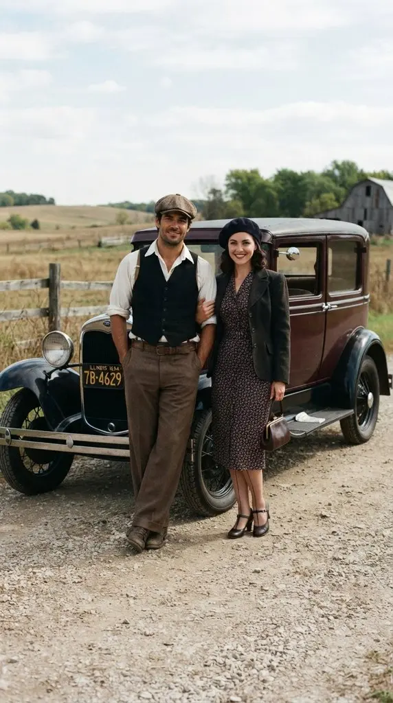 Couple posing beside vintage car 202609071036