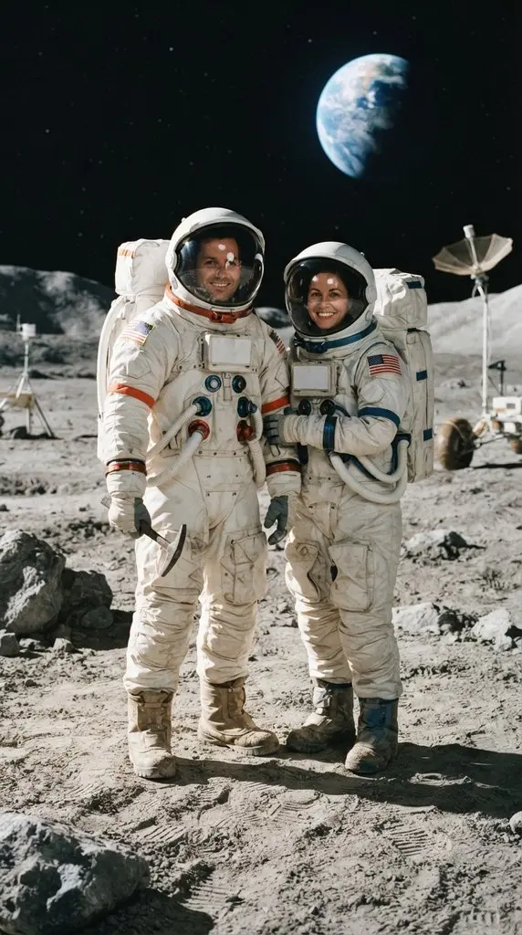 Couple posing in astronaut suits 202609071036