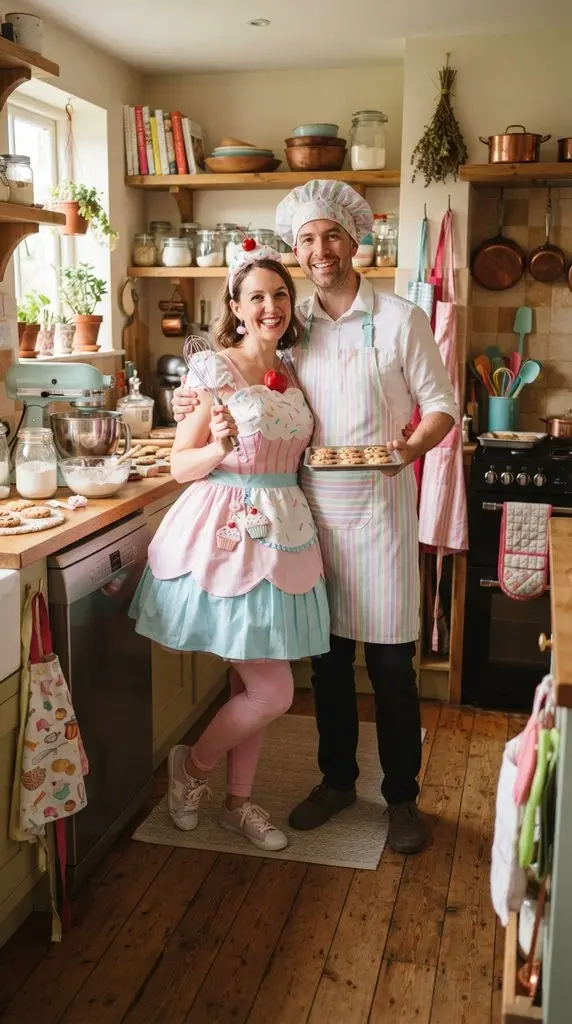 Couple posing in kitchen costumes 202609071035