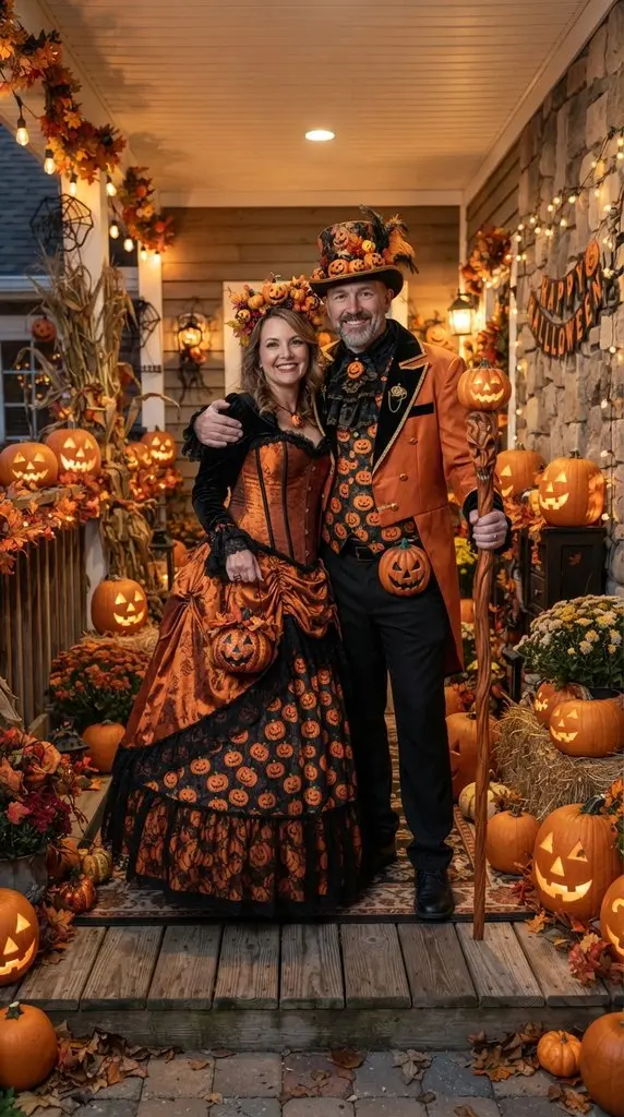 Couple posing in pumpkin outfits 202609071036