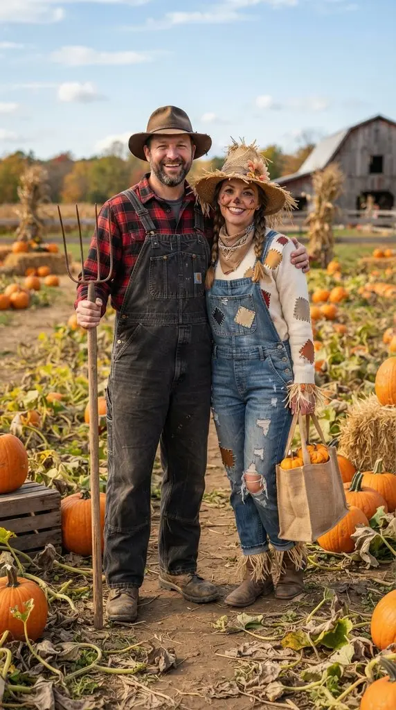 Couple posing in pumpkin patch 202609071035