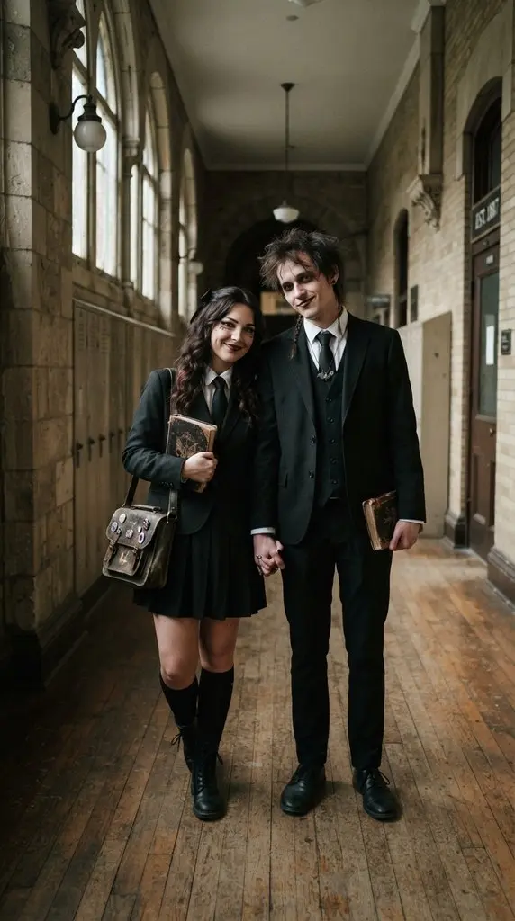 Couple posing in school hallway 202609071036