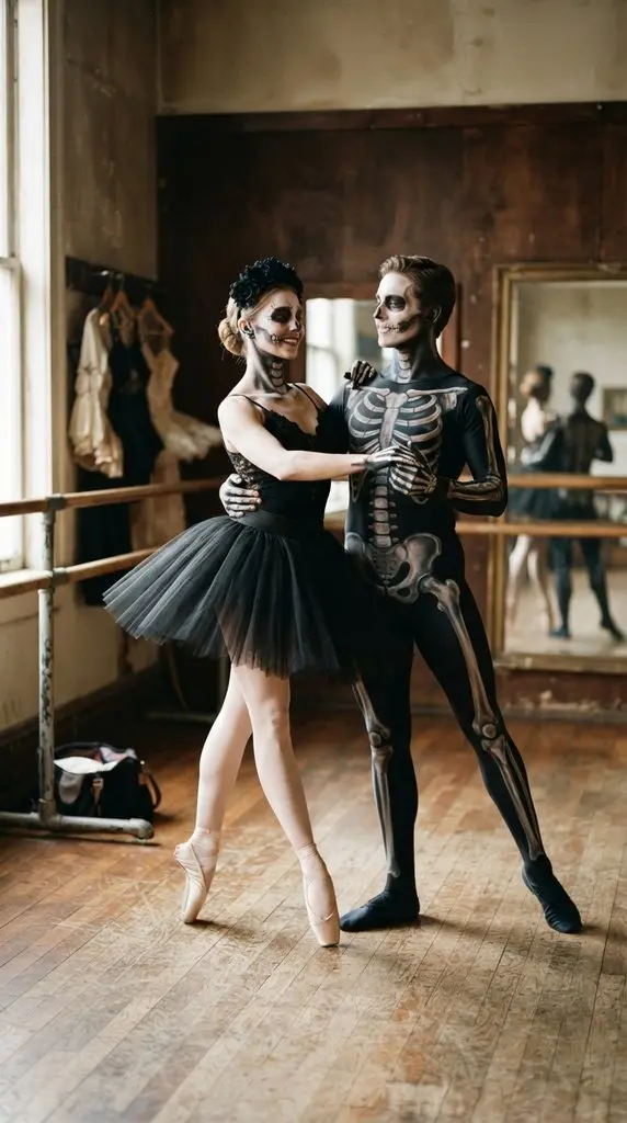 Couple posing in skeleton costumes 202609071036
