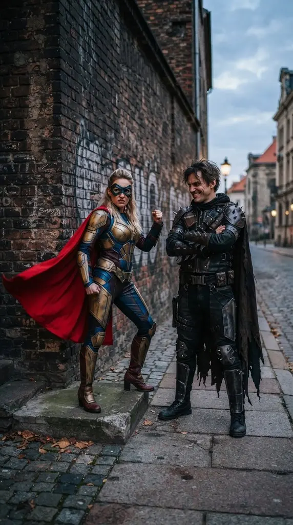 Couple posing in superhero costumes 202609071035