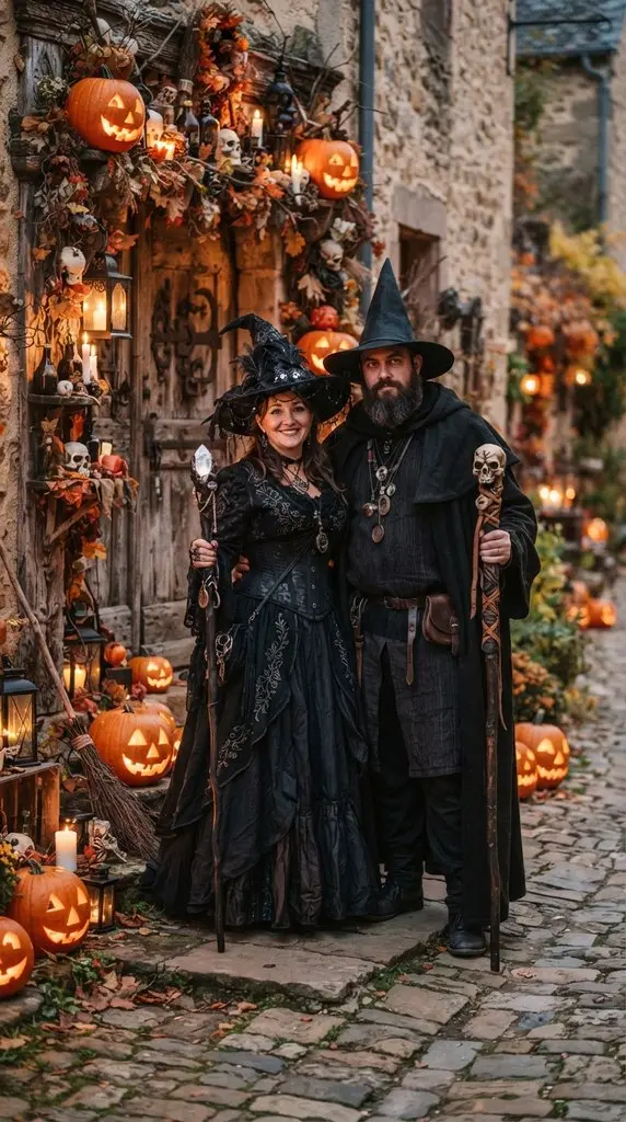 Couple posing in witch costumes 202609071036