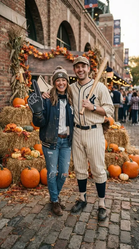 Couple posing near stadium backdrop 202609071036