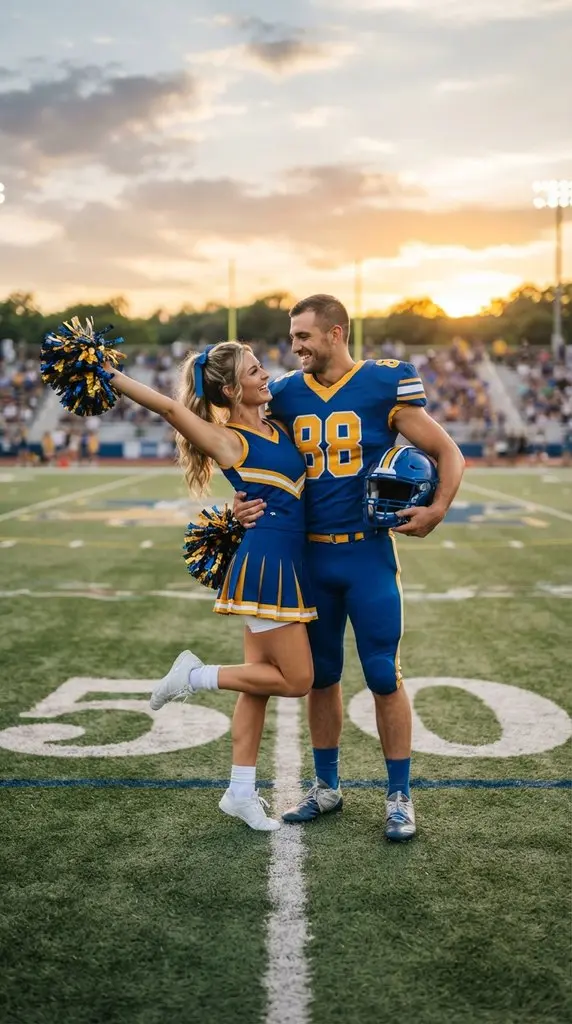 Couple posing on football field 202609071035