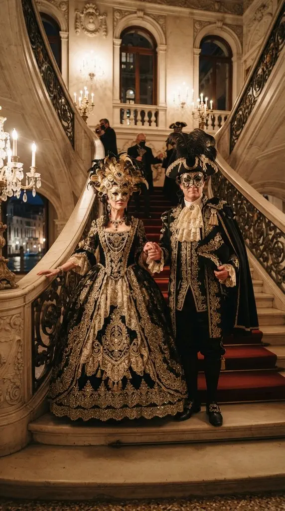 Couple posing on grand staircase 202609071035