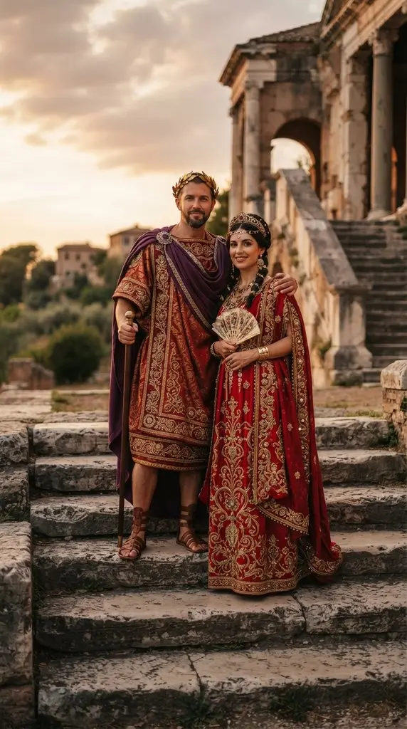 Couple posing on stone steps 202609071036