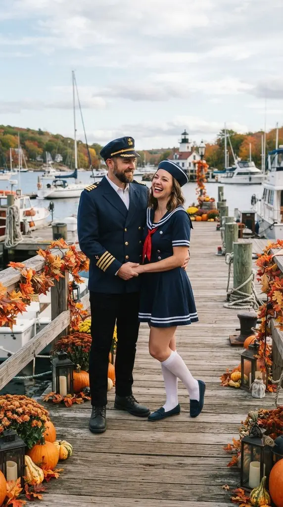 Couple posing on wooden pier 202609071036