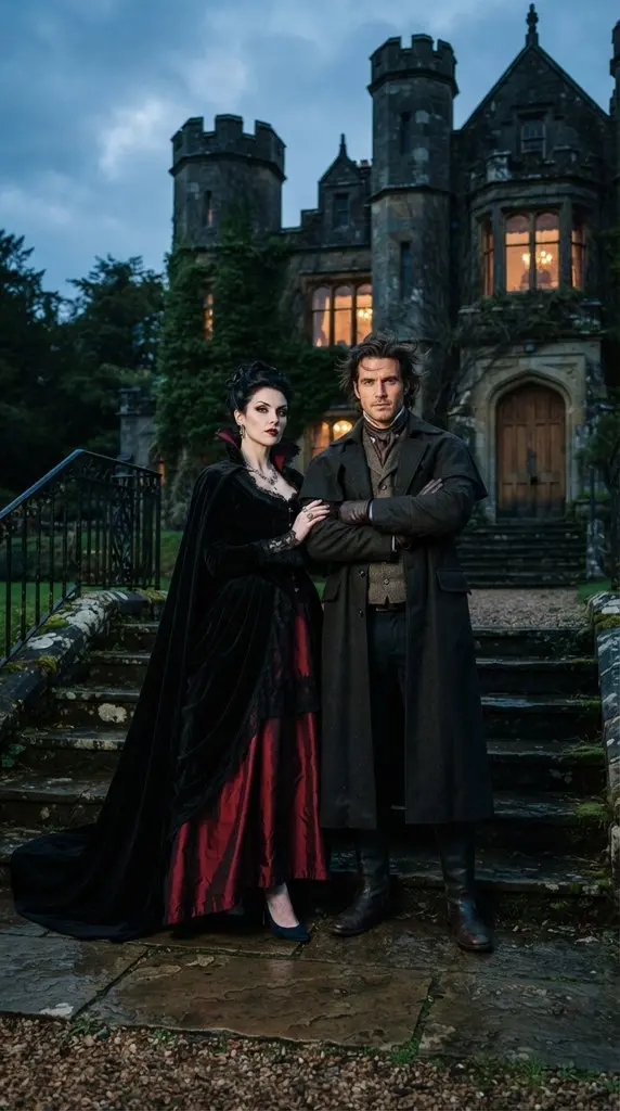 Couple posing outside old mansion 202609071035