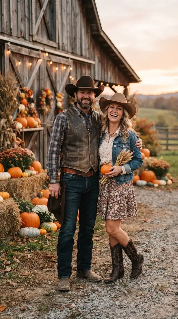 Couple posing outside rustic barn 202609071036