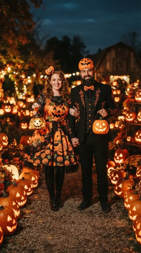 Couple posing with glowing pumpkins 202609071036