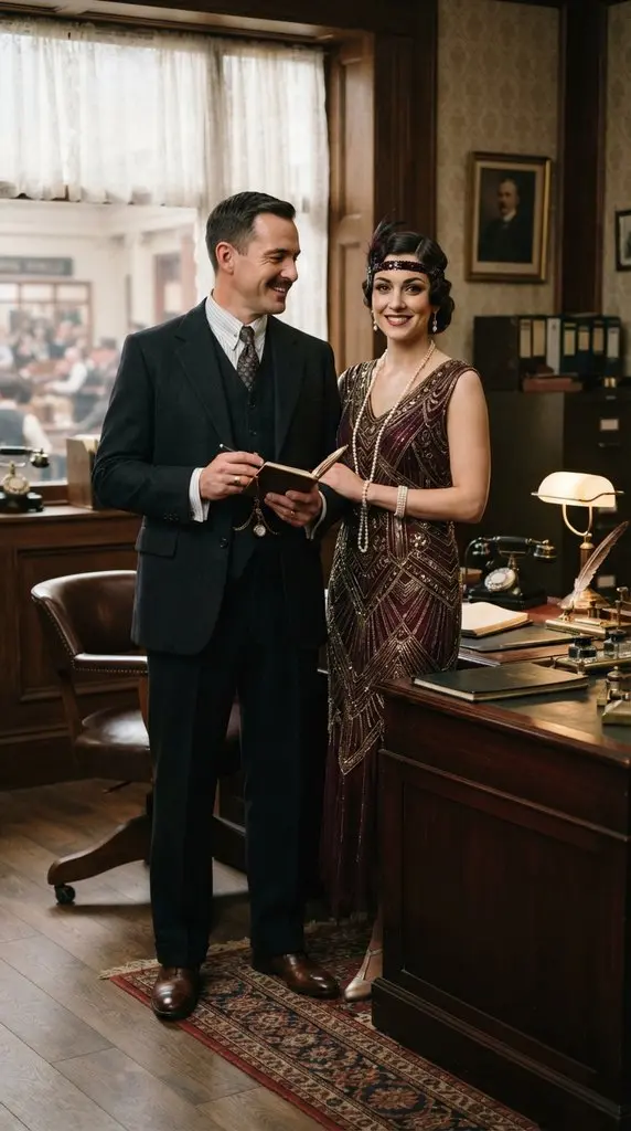 Couple standing beside office desk 202609071035