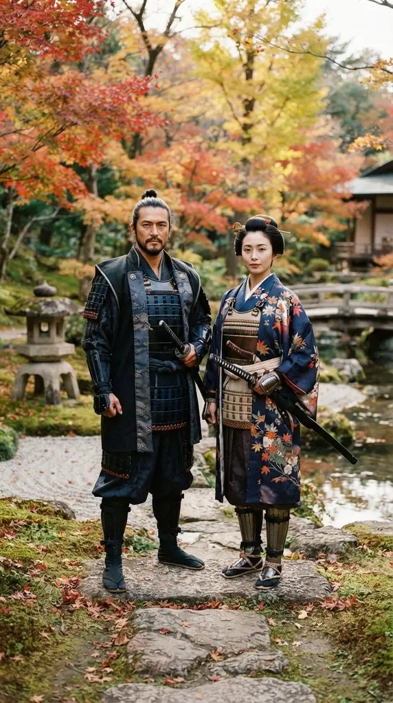 Couple standing in autumn garden 202609071036