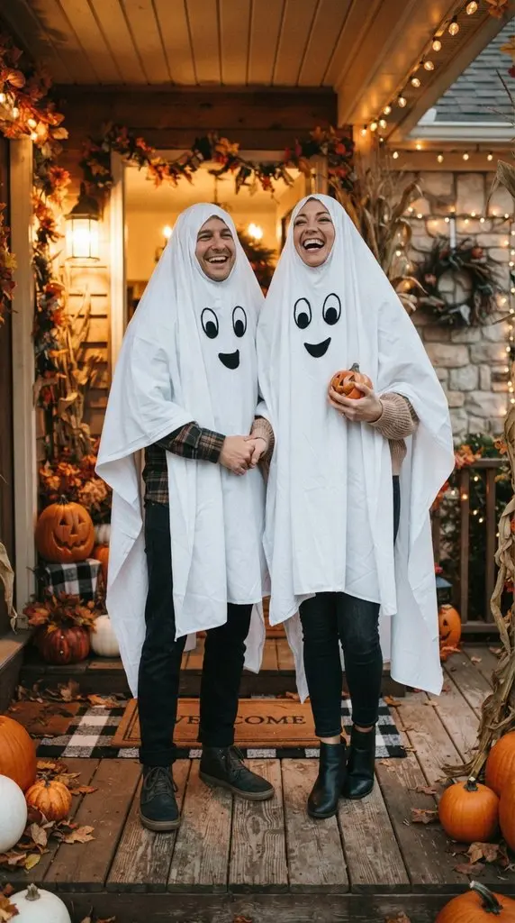 Couple standing in ghost costumes 202609071035