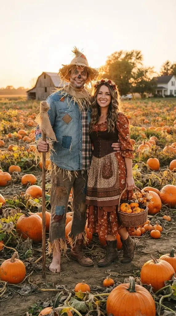 Couple standing in pumpkin field 202609071036