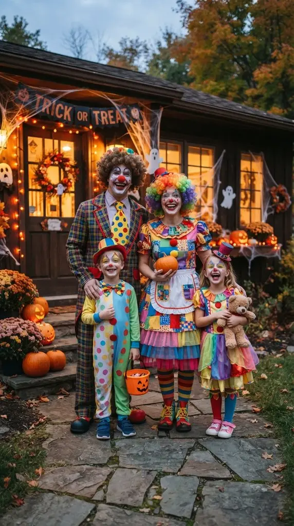 Family dressed as clowns standing 202609071059