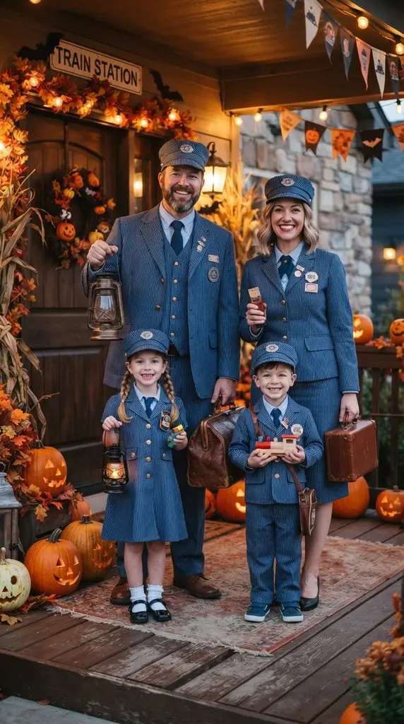 Family dressed as train conductors 202609071057