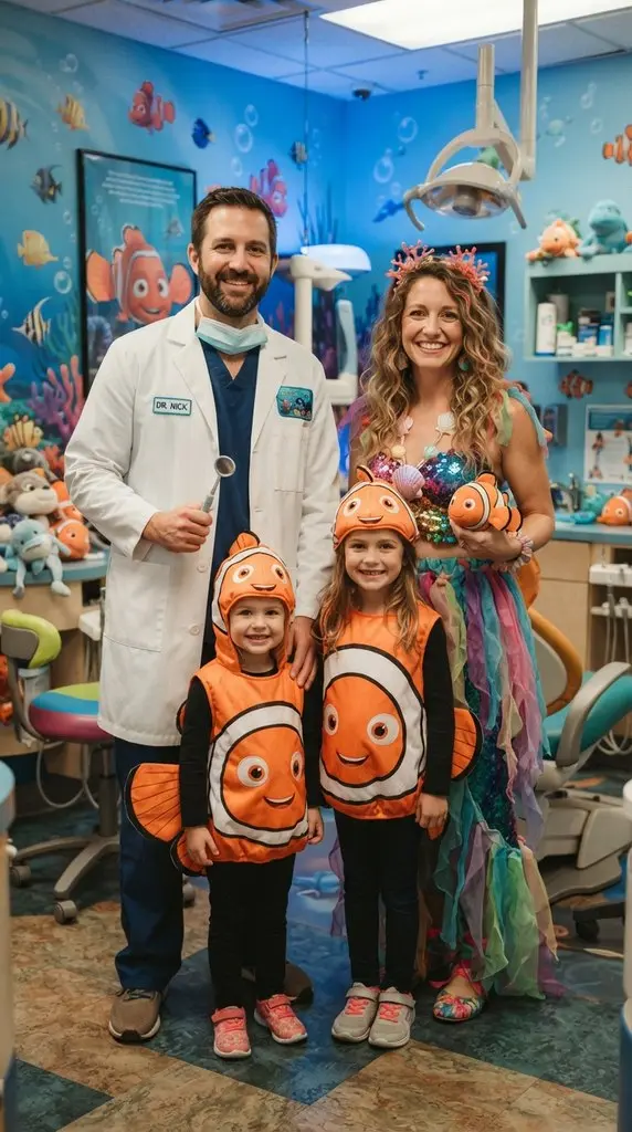 Family in clownfish costumes posing 202609071258