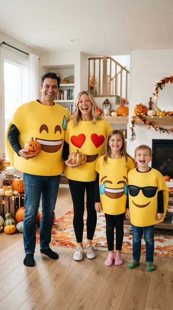 Family in emoji costumes standing 202609071259