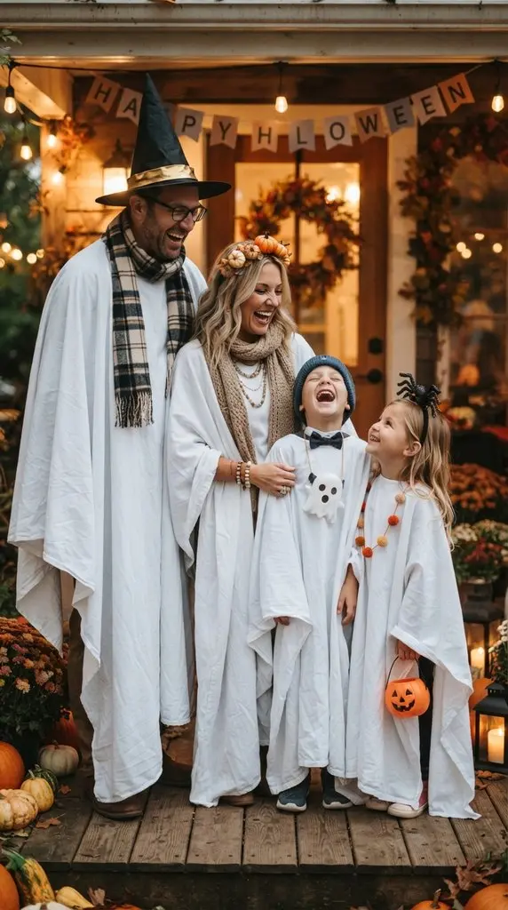 Family laughing in ghost costumes 202609071059