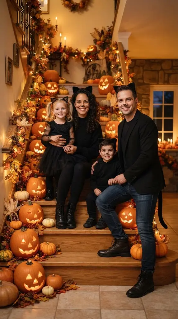 Family posing by pumpkin staircase 202609071059