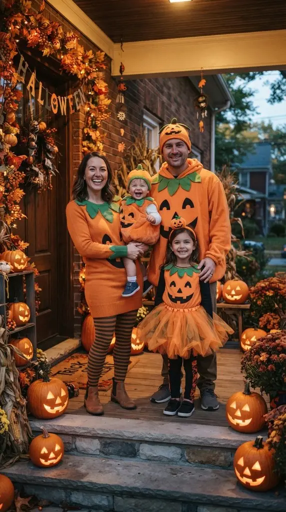 Family posing in pumpkin costumes 202609071059