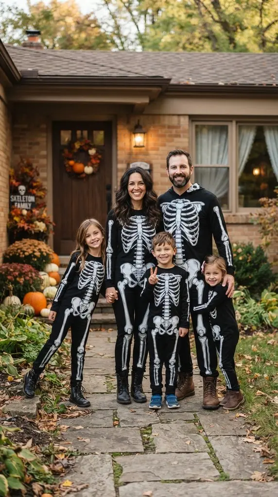 Family posing in skeleton costumes 202609071057