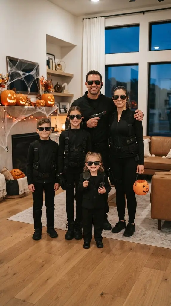 Family posing in spy costumes 202609071058