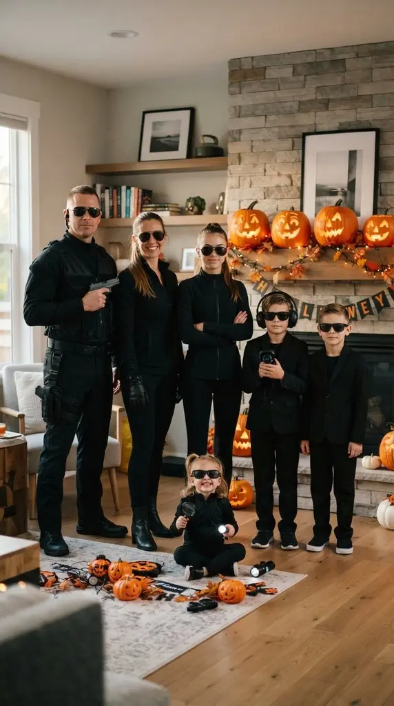 Family posing in spy costumes 202609071059