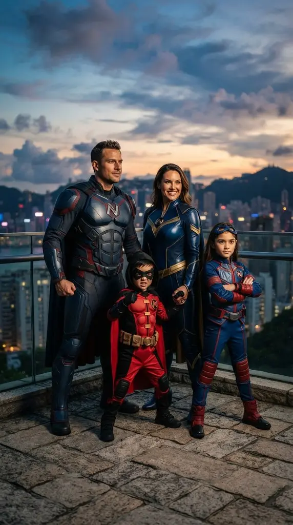 Family posing in superhero costumes 202609071059