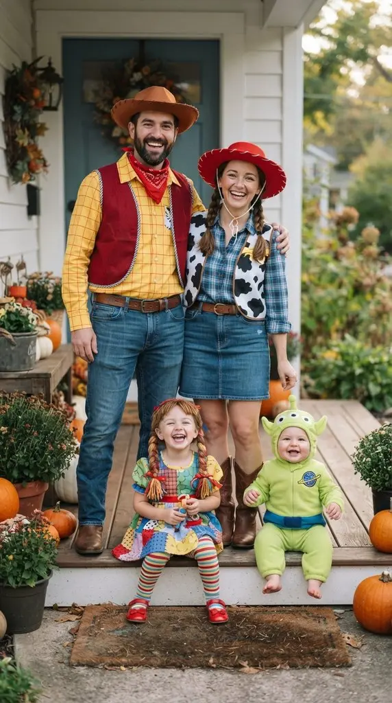 Family posing in toy costumes 202609071258