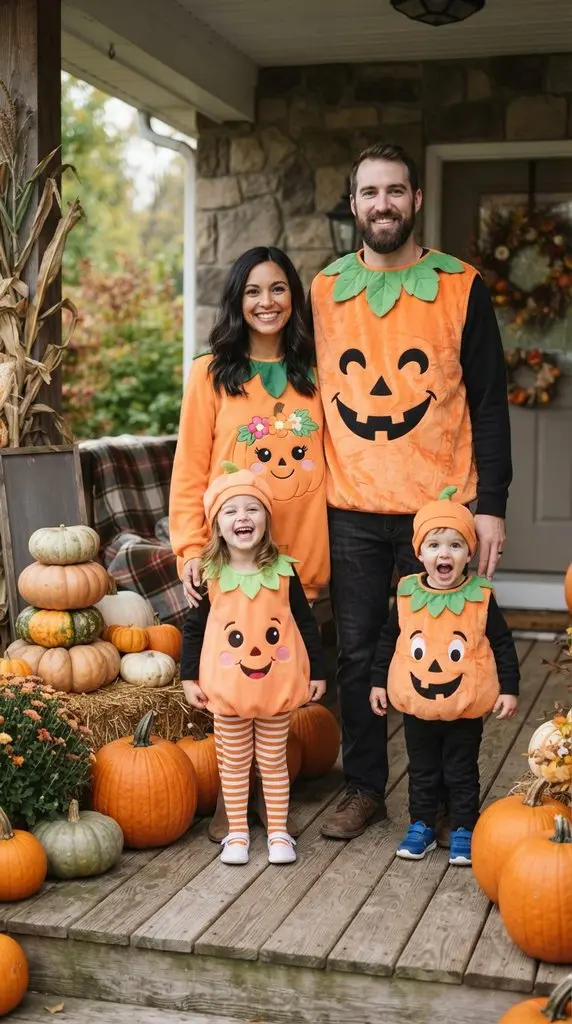 Family wearing pumpkin costumes … 202609071058