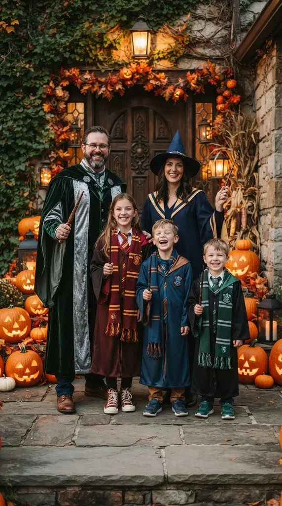Family wearing wizard costumes 202609071058