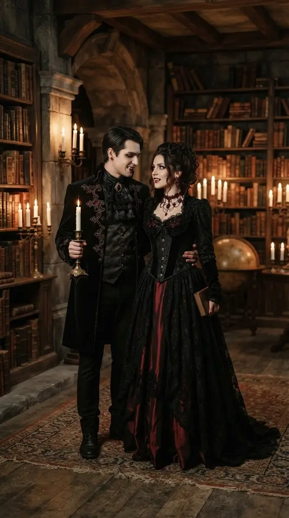 Vampire couple standing in library 202609071036