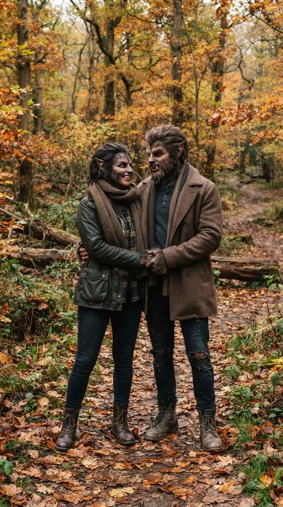 Werewolf couple standing in forest 202609071035