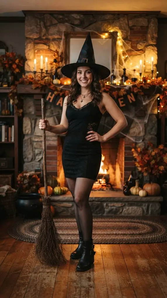Woman holding broom near fireplace 202609071015