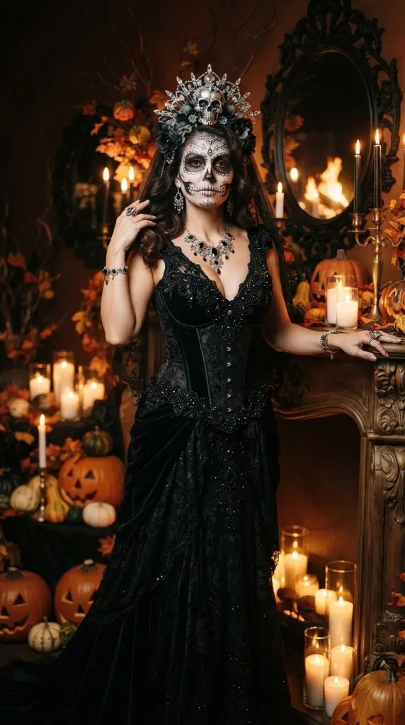 Woman in skull costume posing 202609071015