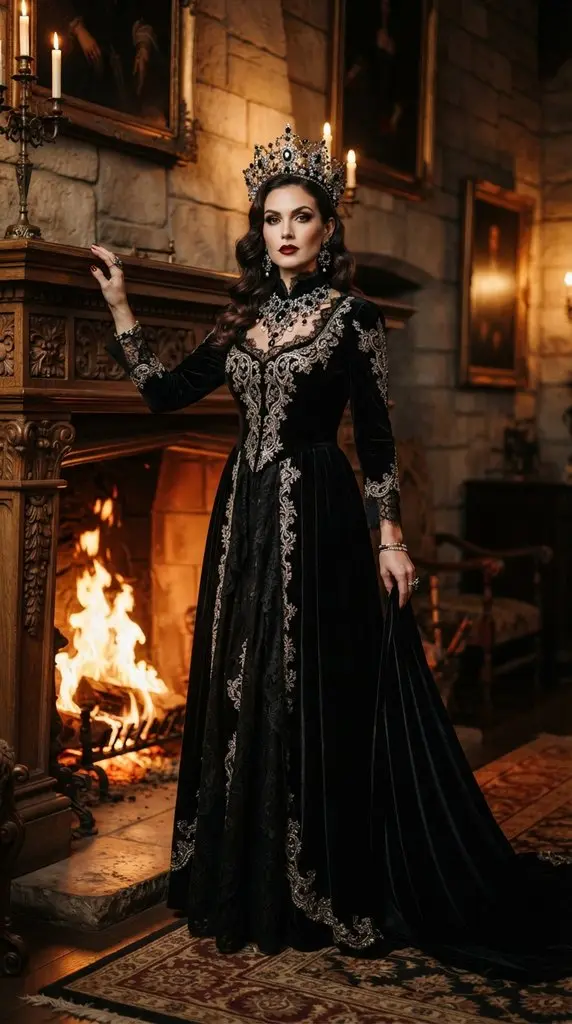Woman posing beside grand fireplace 202609071014