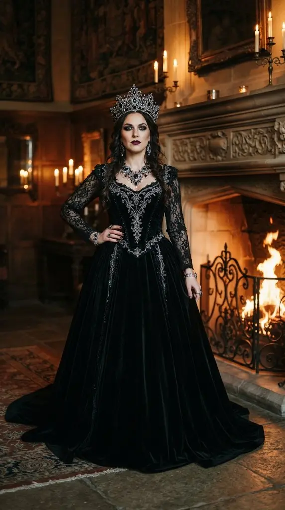 Woman posing beside grand fireplace 202609071015