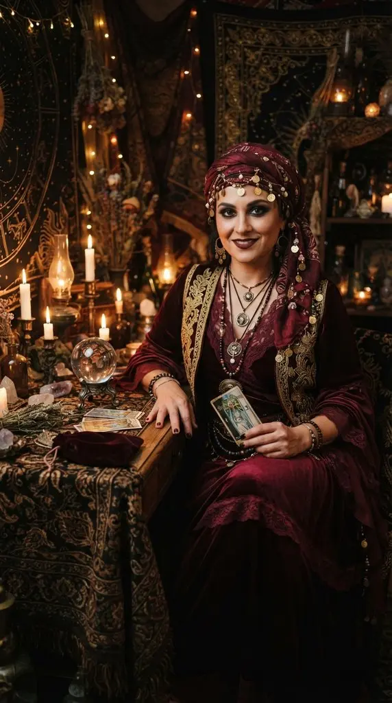 Woman posing beside mystical table 202609071014